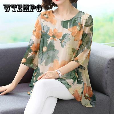 Summer Women Print Splice Casual Chiffon Blouses Shirts O-Neck Fashion Loose Tops Blusas Large Size