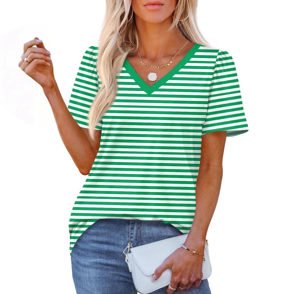Women's Fashionable Casual Short Sleeve Print V-Neck Pullover Top