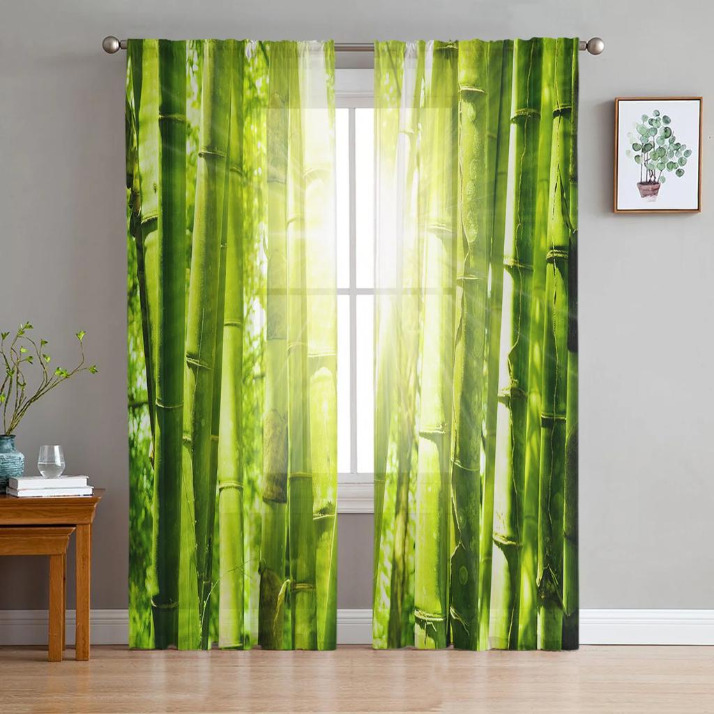 Grüne Bambus Zen Pflanze Weiße Tüll Vorhänge für Wohnzimmerdekoration Fenster Vorhang für Schlafzimmer Voile Organza Drapierungen
