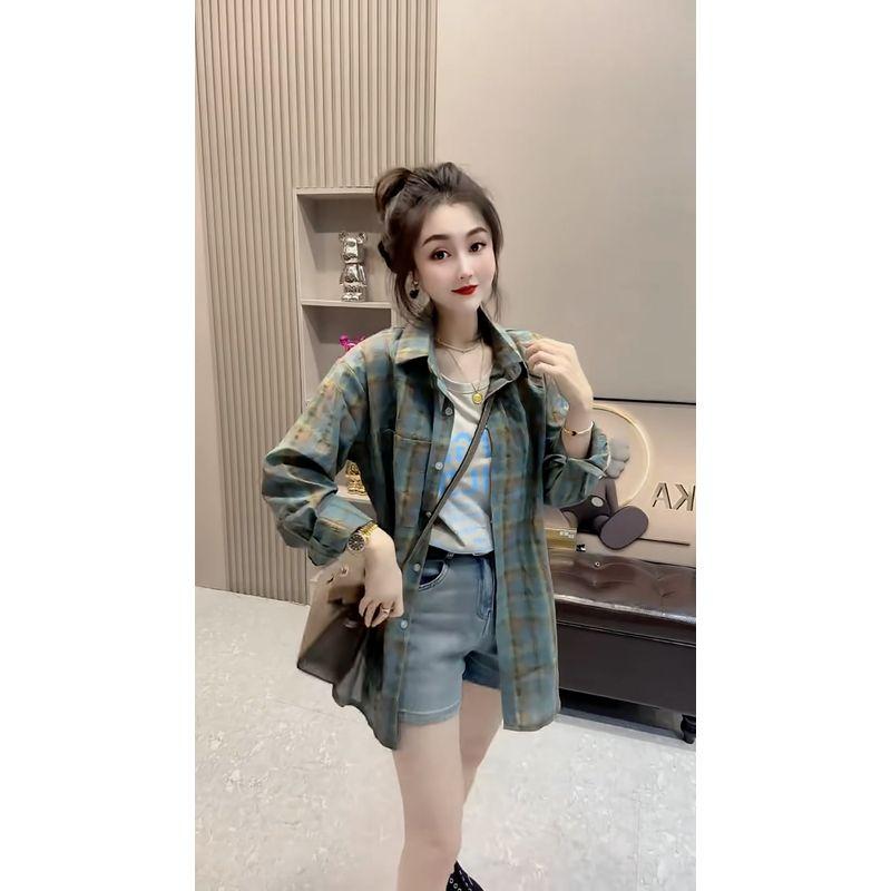 

European Goods Retro Blue Gingham Shirt Women s Thin Outwear Cardigan Summer Loose and Lazy Style Small Sun Protection Top Blue L