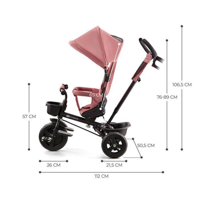 Tricycle Évolutif Kinderkraft AVEO, De 9 Mois à 5 Ans, Selle Pivotante, Ceinture 3 Points, Pliable, Modulaire, Roues Robustes, Rose