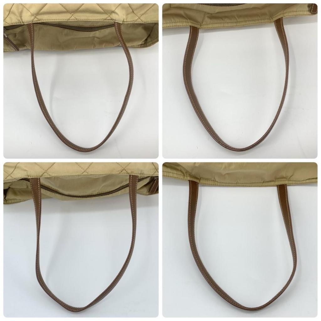 Prada Quilted Tessuto Nylon Tote Boston Bag Handbag One Shoulder Brown Beige Leather Triangle Logo Plate
