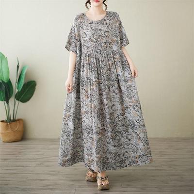 Short Sleeve Plus Size Cotton Vintage Floral New In Dresses for Women Casual Loose Long Summer Dress