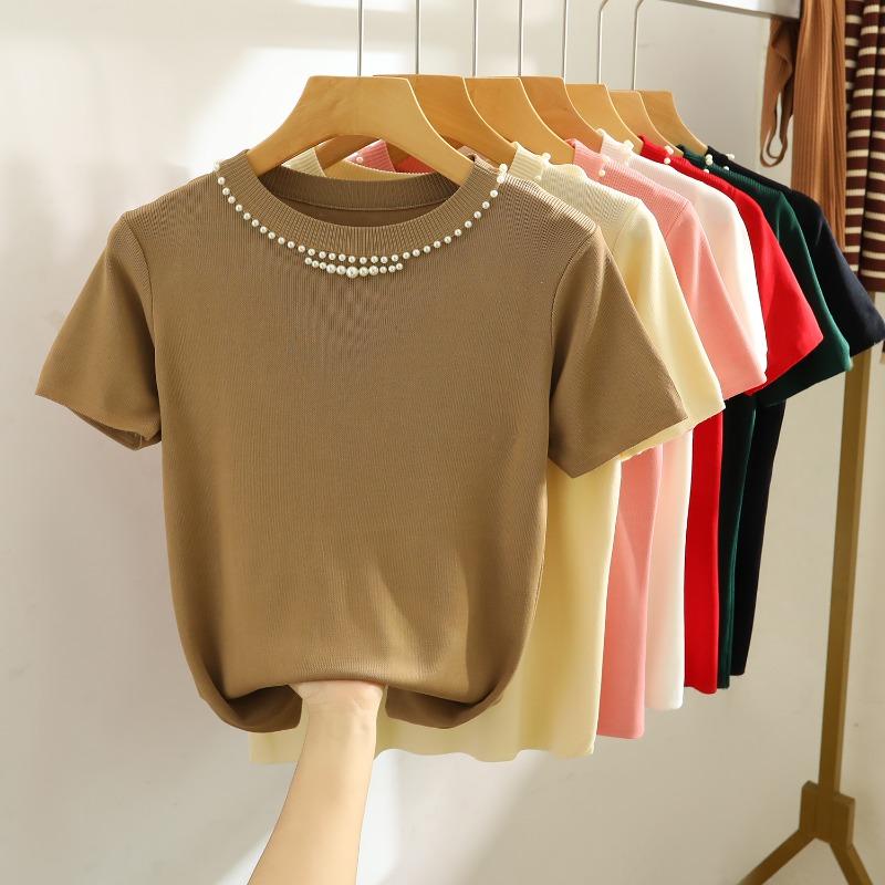 Fashion Short Sleeve Loose Knitted T Shirt Women Summer New Beading Round Neck Casual Women's T-shirt Tops Elegant Slim Fit Simple Woman Tee 26235