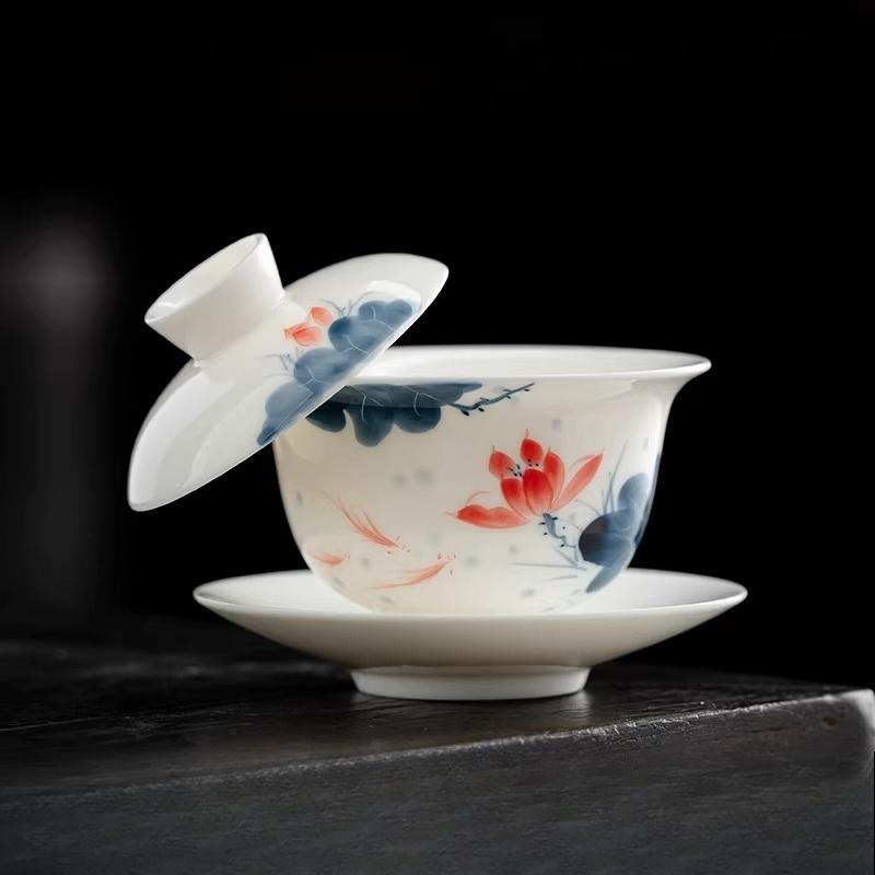

White Porcelain Hand-painted Lotus Covered Bowl Chinese 3 Talents Bowl High End Tea Cup Hoverable Lid Bowl Drinking Utensils 160ml