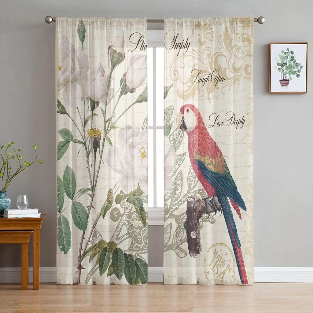 Parrot Bird Rose Flower Retro Sheer Curtains for Living Room Decoration Window Curtain Kitchen Tulle Voile Organza Drapes