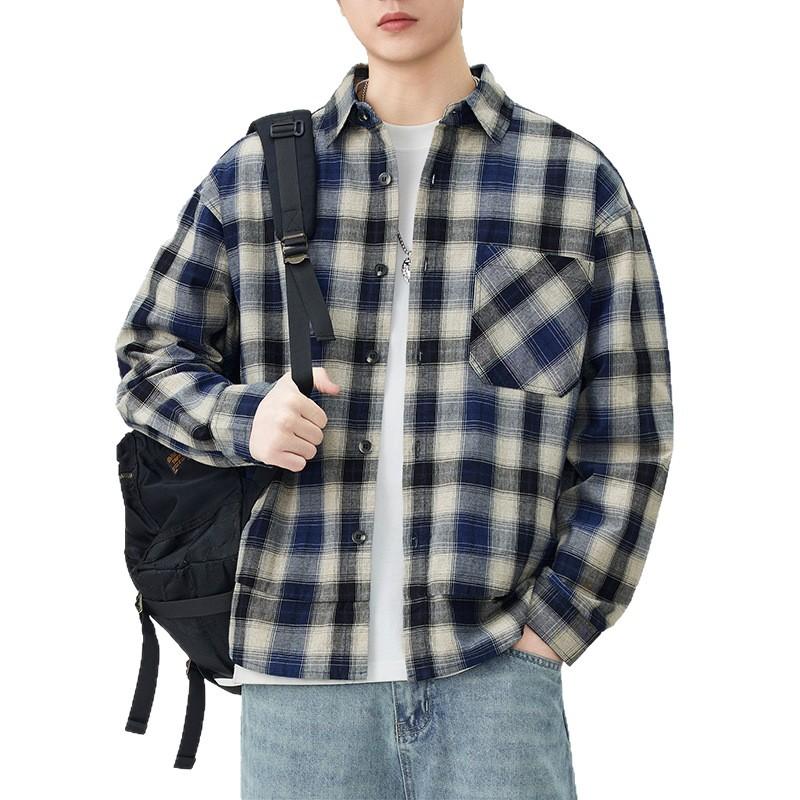 High Street Cotton Plaid Shirt Men's Layered Long Sleeve Jacket