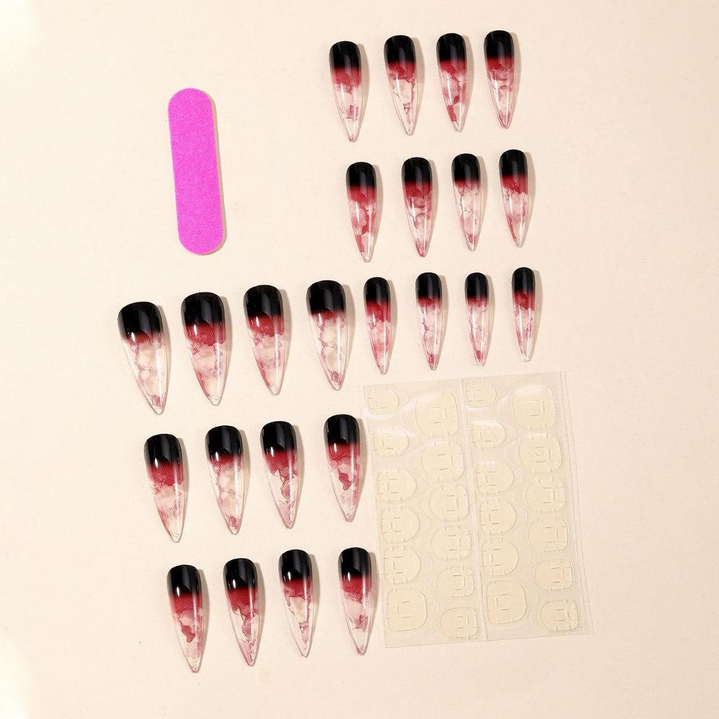 Blood-Stained Ombre Halloween Ballerina Nails – Long Black & Red Gradient Press-On False Nails