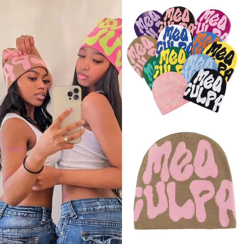 Mea Culpa Trendy Letter Print Beanies Knit  Hat Streetwear Cap Outfit Women Girl