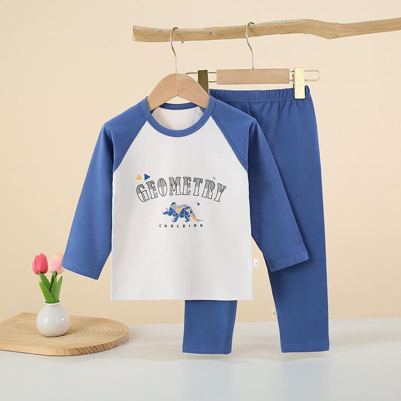 Children Cotton Raglan Long Sleeve Top and Pants Set Boys Girls Thermal Underwear for Spring Fall