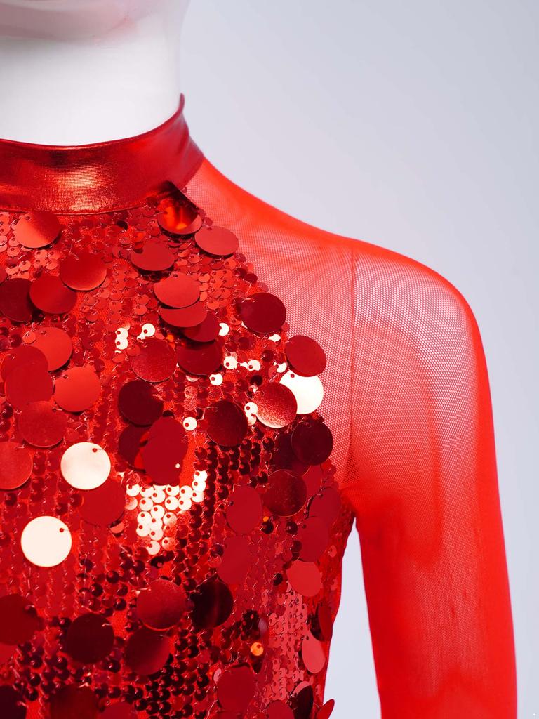 Mädchen Metallic Tutu Kleid Pailletten Durchsichtiges Mesh Langarm Design Schlüsselloch Rücken Funkelndes Tanzkostüm