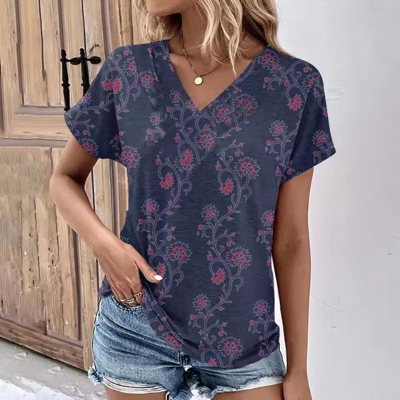 Fashion Women's T-Shirts Fashion Tops V-Neck 3D Floral Print T Shirt Female Short Sleeve Top Casual Tees Summer Oversized Clothing