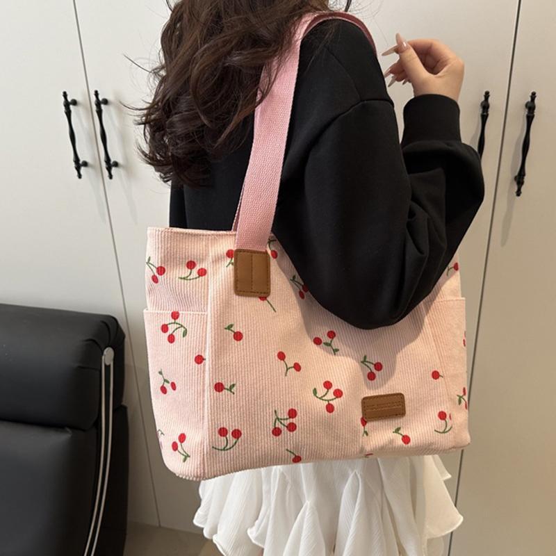 Corduroy Tote Bag Cute Cherry Patched Purse for Women Fabric Large Capacity Tote Purse Shoulder Bag Casual Underarm Bags CLE