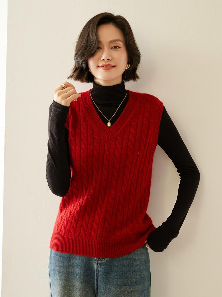 Women's V-neck Cashmere Cable Knit Sleeveless Vest Cardigan Sweater
