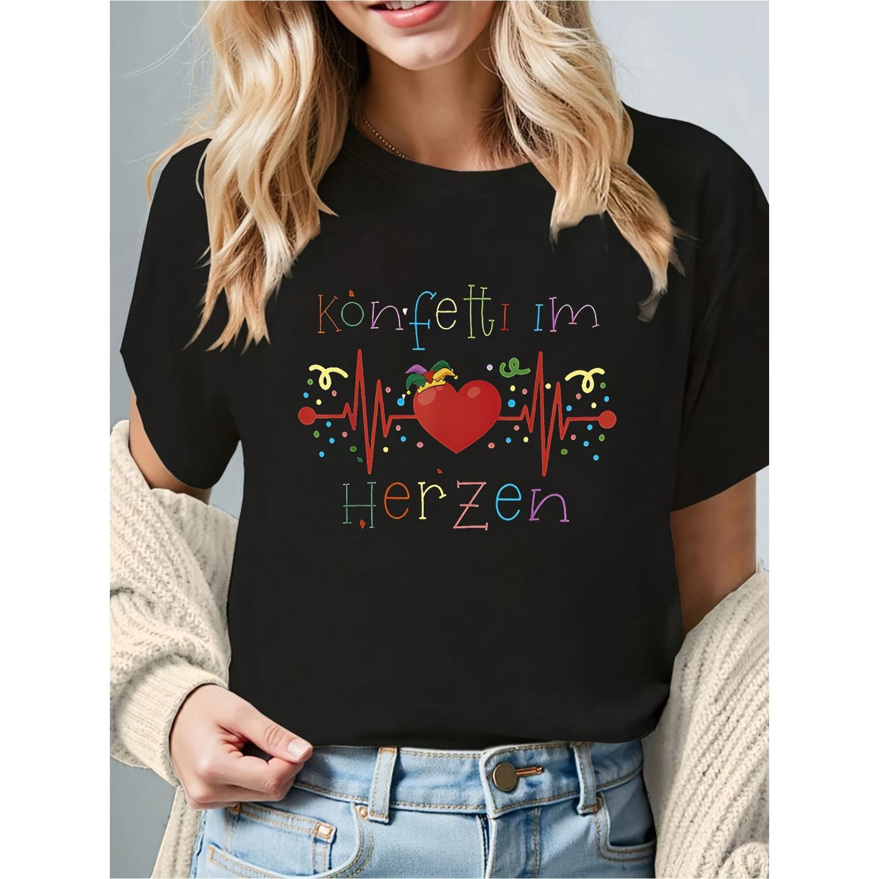 

Women s German Carnival Confetti Heart Print T-Shirt , Outfits - Round Neck Short Sleeve Blouse S
