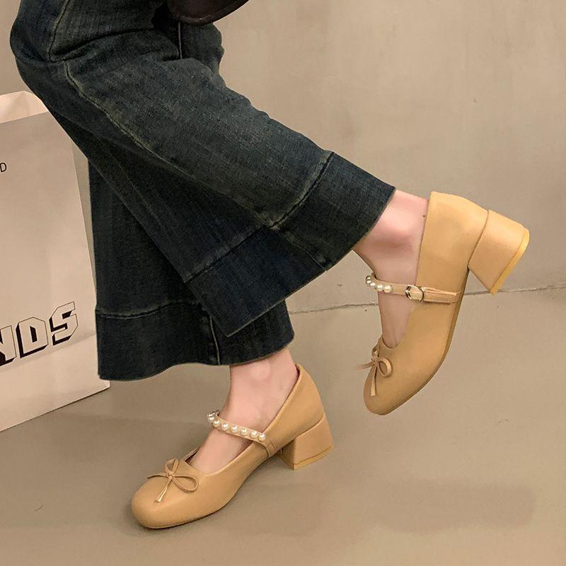 

Korean version of Xiaoxiangfeng with Mary Jane shoes women s 2025 spring bow thick heel single shoes fairy style small leather shoes 39 абрикосовый