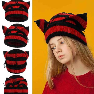 Süße Katzenohrenmütze für Damen im Herbst und Winter Warme und lustige gestrickte Wollmütze Verdickt Trendig