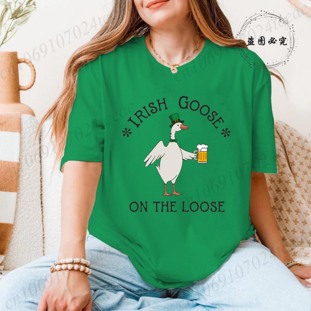 Lucky Goose on The Loose Printed Tshirt Shirt for Women St Patrick's Day T-Shirts Short Sleeve Drinking Goose Fashion Tops Tees