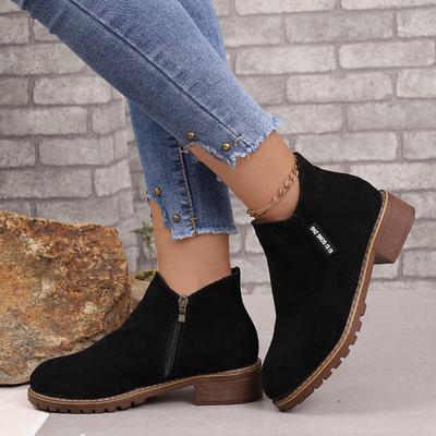 Mode Suède Enkelboots met Zijrits 2025 Lente en Herfst Ronde Neuzen Dikke Hakken Modieus Geschikt voor Damesschoenen in Grote Maten