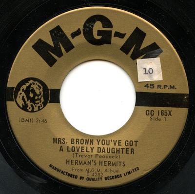 7inch Record HERMAN'S HERMITS - Mrs. Brown You've Got A Lovely Daug GC165X MGM Records 1968 Canada Rock Used