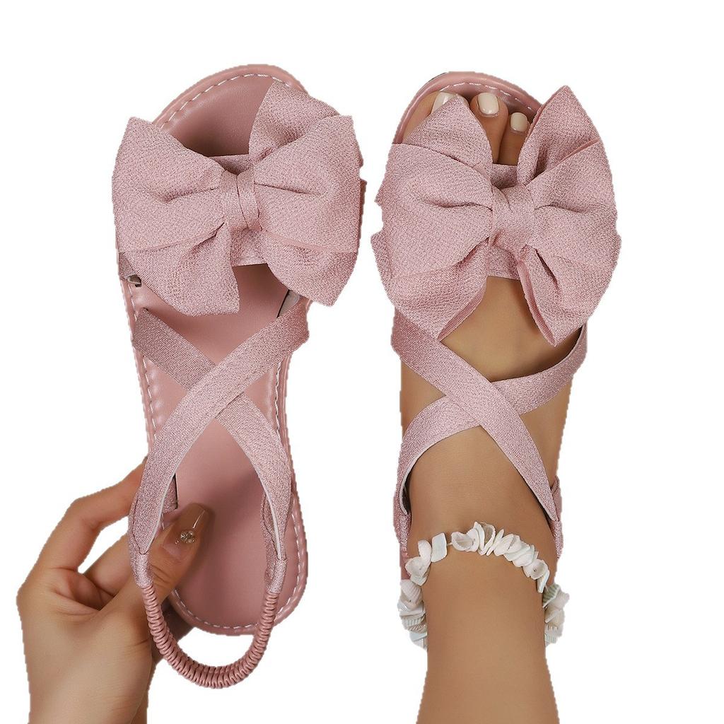 Cloth Sandals Women's Summer New Soft-soled Bow Flat Heel One-word Sandals Fashion Wear Sweet Sandals