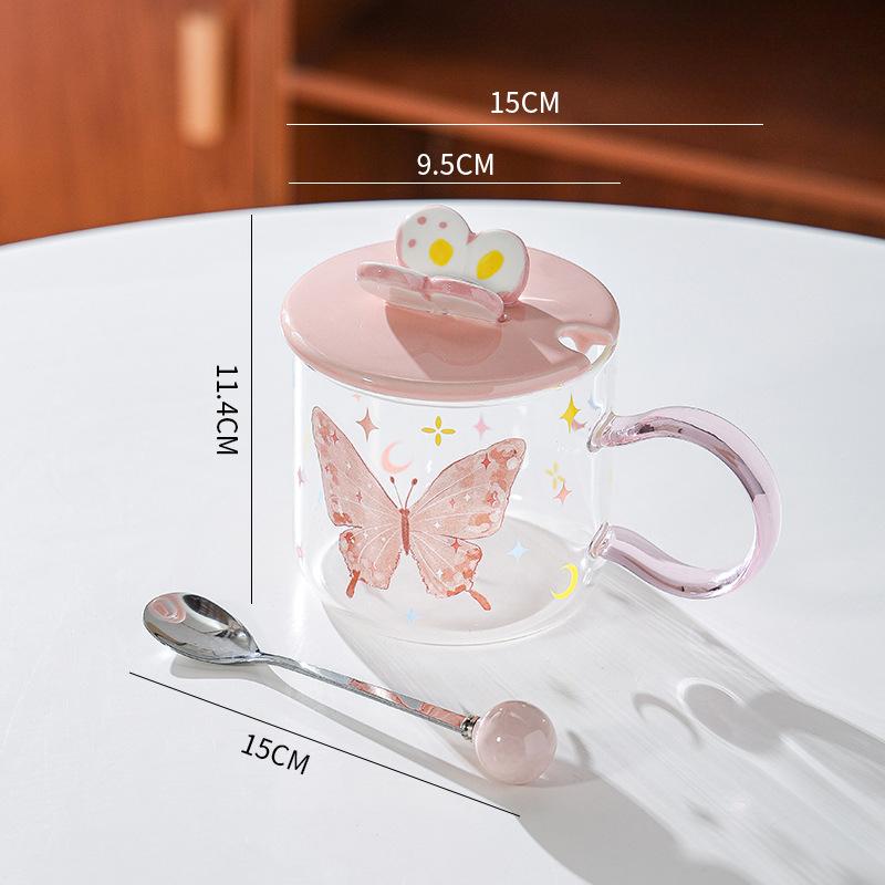 Butterfly Heat Resistant Glass Cup Breakfast Cup Gift Gift High value Pink Girl Heart Cup Cup Mug with Lid Spoon