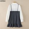 VONDA Womens Fake Two Piece Patchwork Long Sleeve Striped Casual Dress