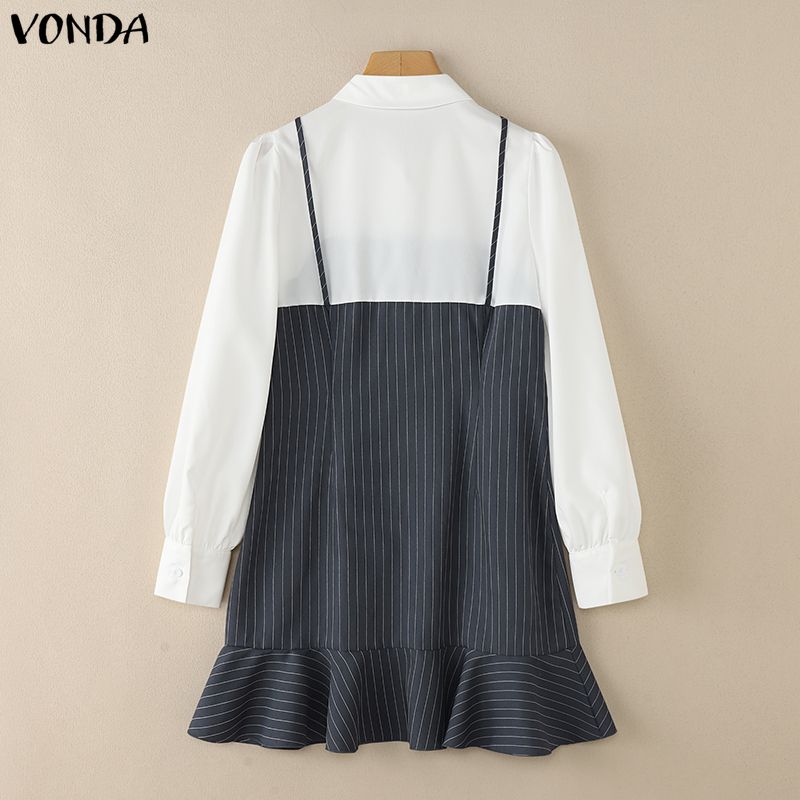 VONDA Womens Fake Two Piece Patchwork Long Sleeve Striped Casual Dress