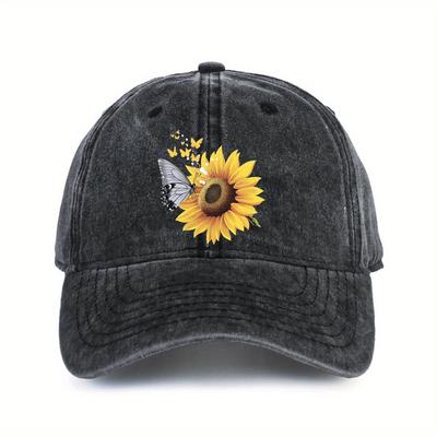 Sunflower Butterfly Print Baseball Cap Unisex Washed Denim Casual Adjustable Sun Protection Outdoor Hat