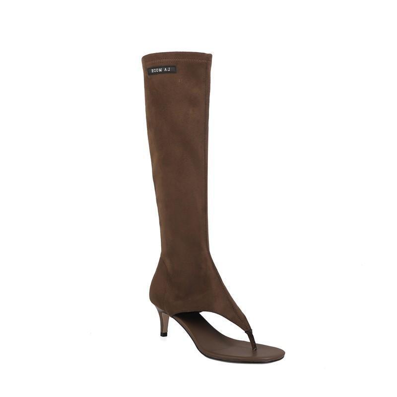 Fashion New Popular Black Open Toe Clip-On Knee Boots Women's Modern Booties Thin Low Heel Side Zip Spring Summer Party Heels Sandals