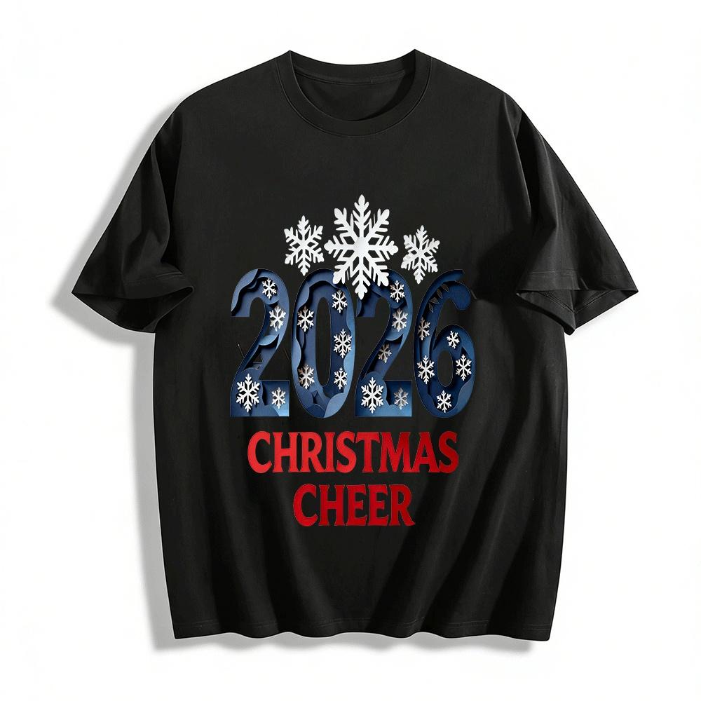 2026 Christmas Cheer Snowflake Print Festive Holiday Top Pure cotton T-shirt XXS