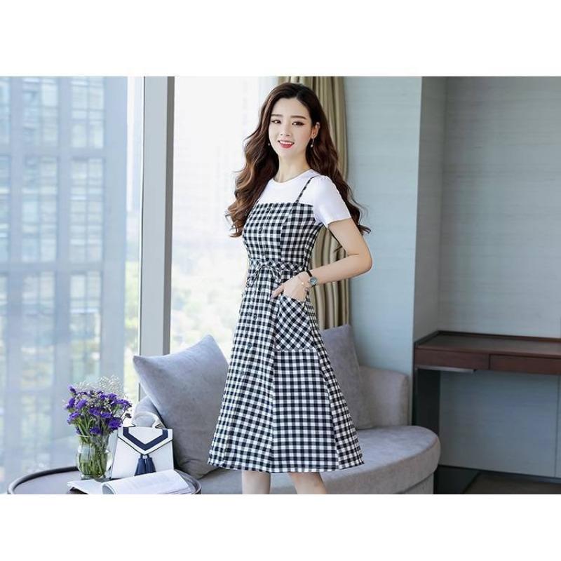 Платье в клетку на бретельках Женское Летнее Последнее Приталенное и Тонкая Талия Средней и Длинной Длины Повседневное Поддельное Двухпредметное Юбка А-силуэта 4XL чёрный