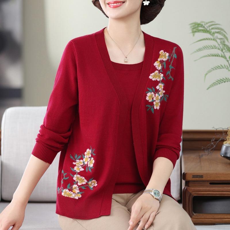 Mom's Autumn Knitted Sweater Medium-old Fake Two-piece Sweater, Middle-aged Women's Embroidered Clothes New
