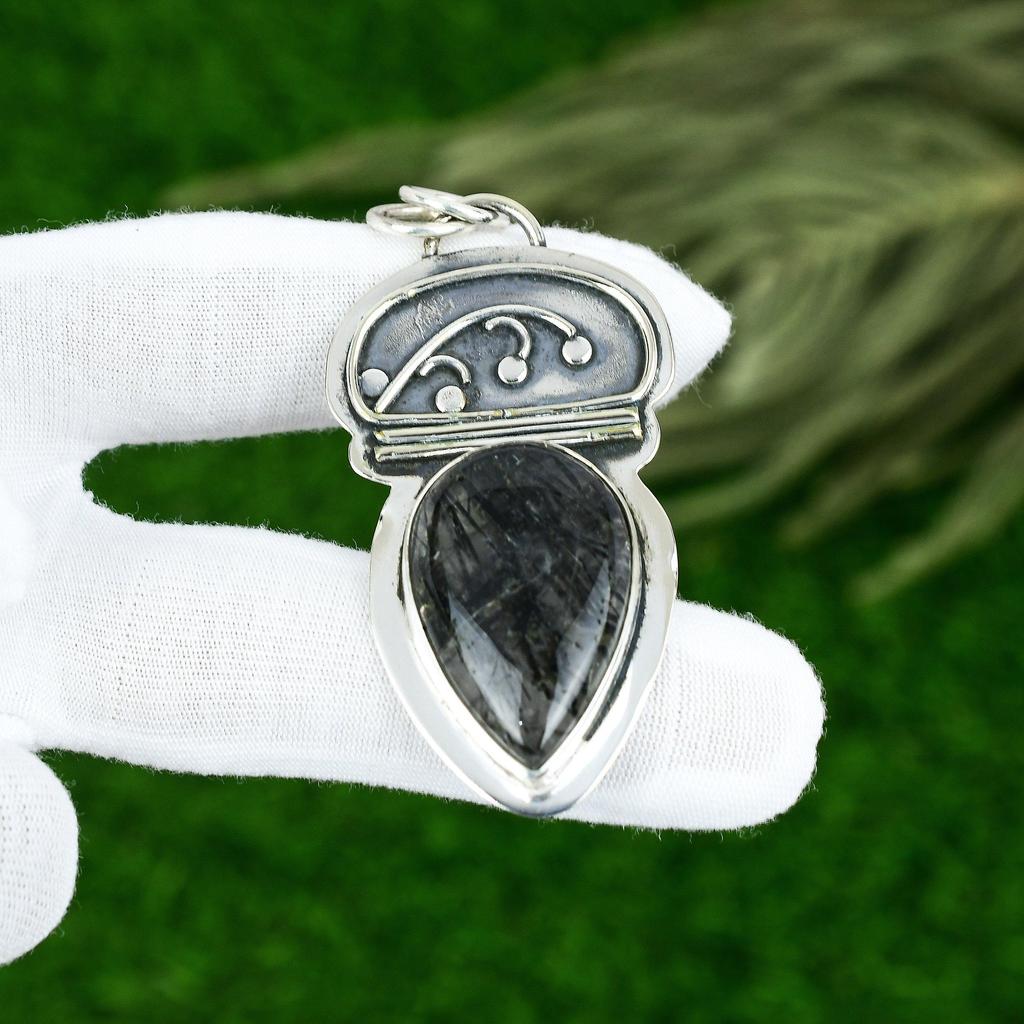 Sisters Day Deal Sterling Silver Black Rutile Stone Handcrafted Pendant Jewelry