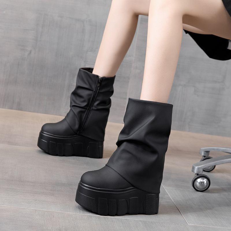 Height-increasing Shoes, Trouser Boots, Women's Soft Leather Thick-soled Waterproof Mid-calf Ankle Boots