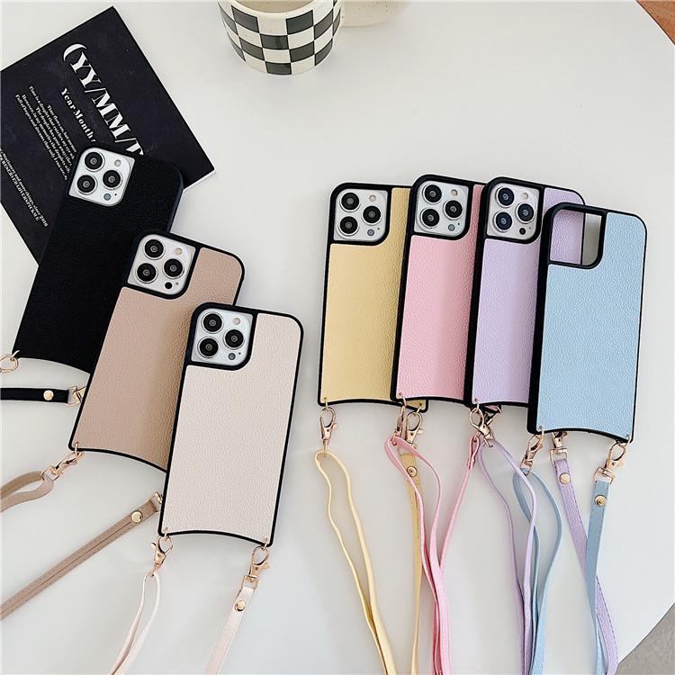 Applicable To Iphone12pro Leather Oblique Span Lychee Pattern Mobile Phone Case Apple 11 Lanyard Back Cover Protective Cover