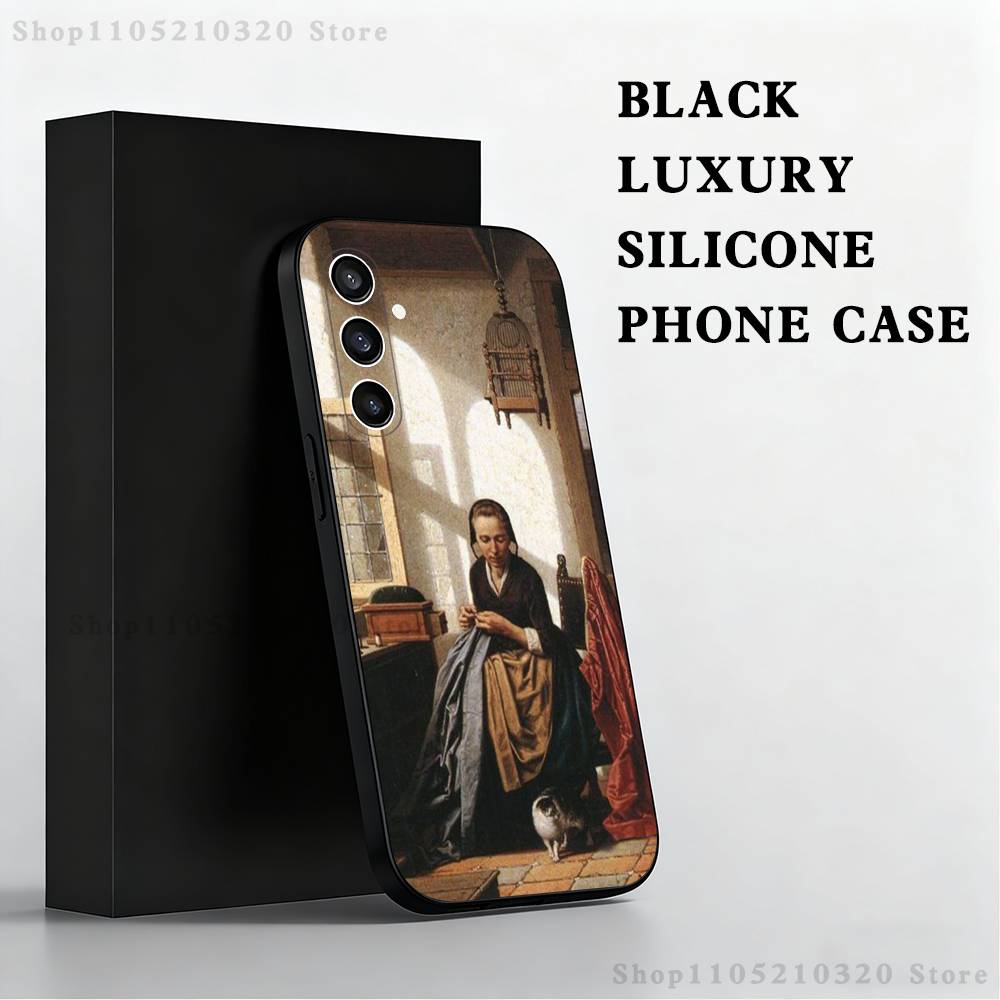 Girl Art V-Vermeer Painting Phone Case For Samsung S 25,24,23,22,30,21,10,9,Ultra,Plus,Lite,FE,4,5 G Black Soft Case