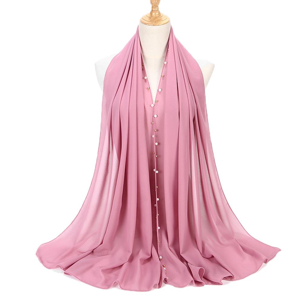 Women Solid Color Pearls Chiffon Scarf Muslim Lady Hood Headcloth