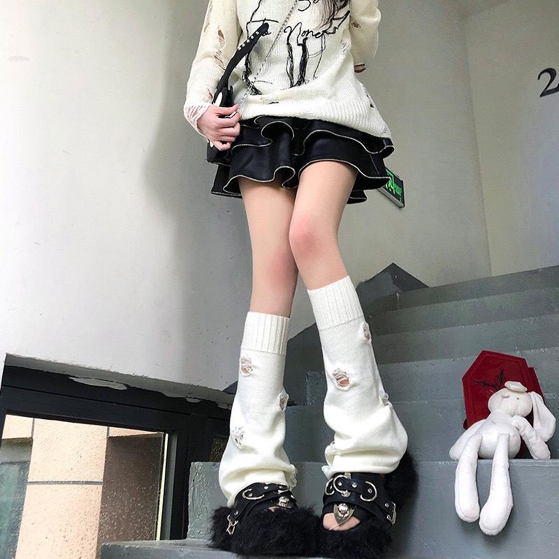 Leather Buckle Knitted Sock, Women's Black Ripped Leg Covers, Flared Personalized Leg Loops, Pile Mid-calf Socks, Stockings