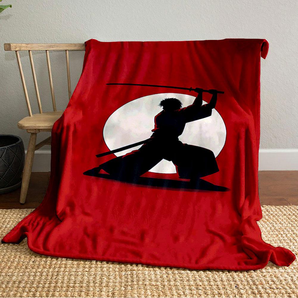 Silhouette of a kneeling samurai with a sword, set against a red background. for all seasons blanket lunch break throw gift