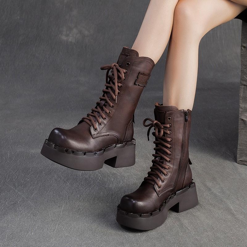 Johnature Genuine Leather Retro Thick Soled Mid-calf Boots Versatile Round Toe Women's Platform Boots