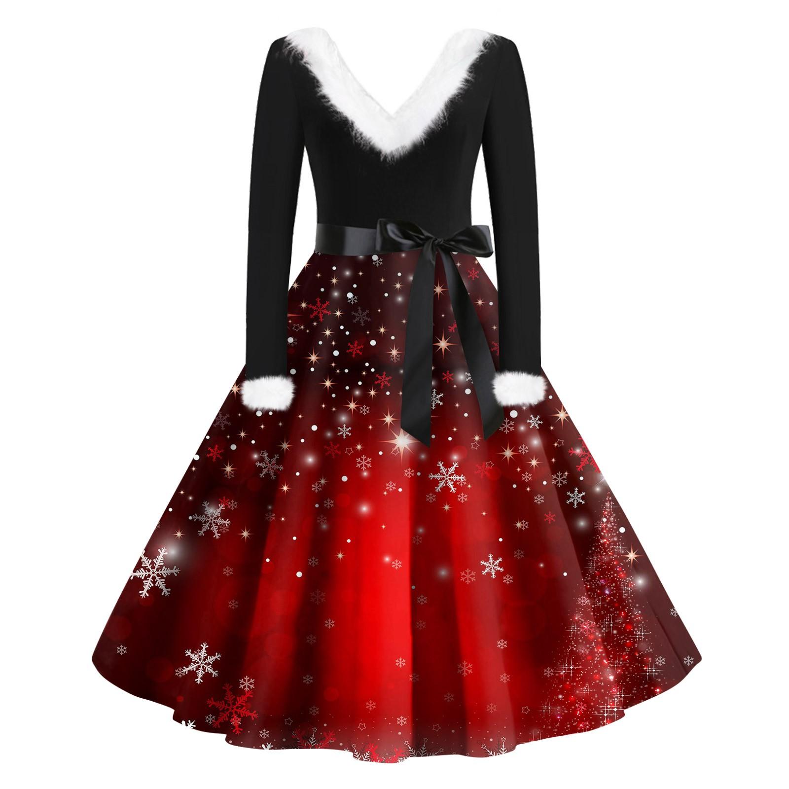 

Женская мода с v-образным вырезом, повседневные тонкие рождественские шерстяные платья с длинным рукавом с принтом XXL