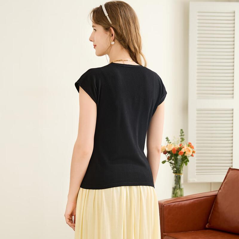 Tuhuang Women's Faux V-Neck Short Sleeve Wool Blend Knit Top