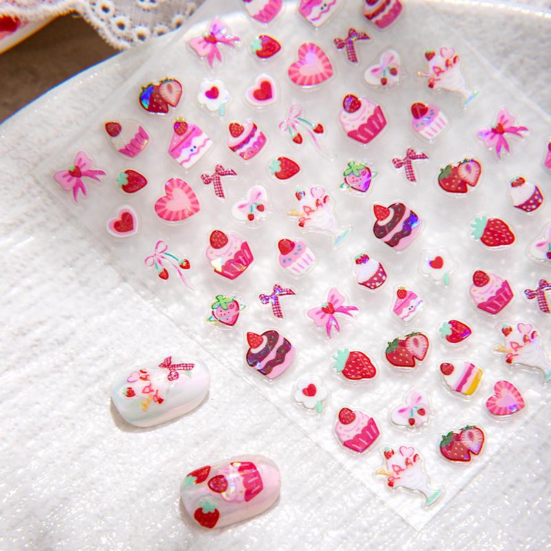 Cyansea Strawberry Cake Ice Cream Nail Art Stickers with Fairy Bow Laser Decals Laser Nail Art Stickers CL-639