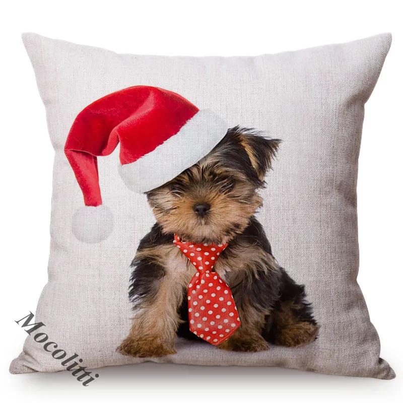 Christmas Sofa Decoration Cushion Cover Cute Pet Dog Animal Wear Red Christmas Hat Lovely Cat Print Throw Pillow Case Cojines