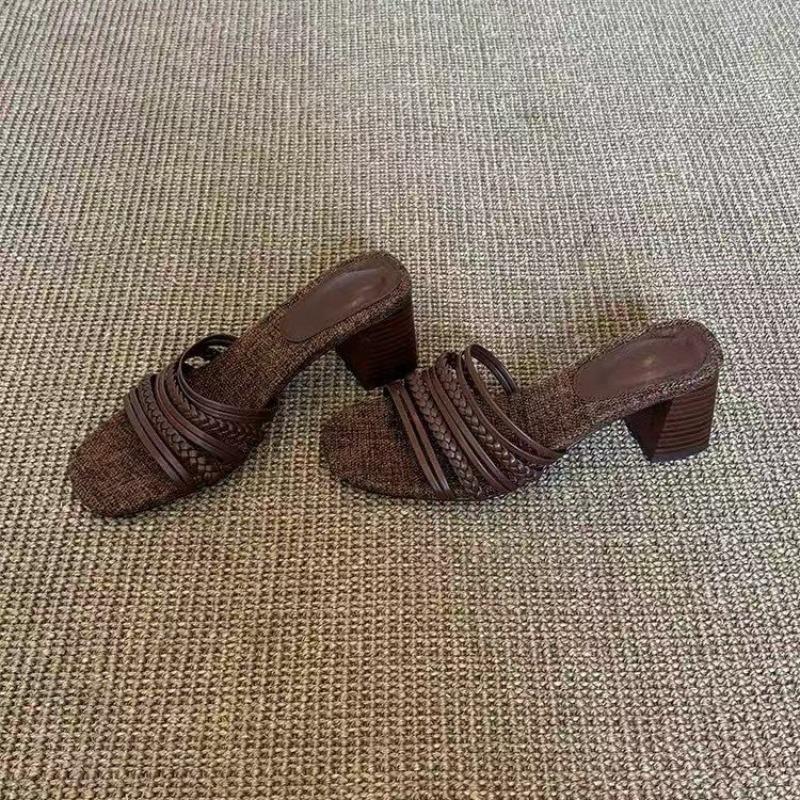 

Fashion New Outside Kitten Heel Modern Slippers Women Retro Weave One Strap Slippers Women Casual Peep Toe Beach Dress Slippers Women 35