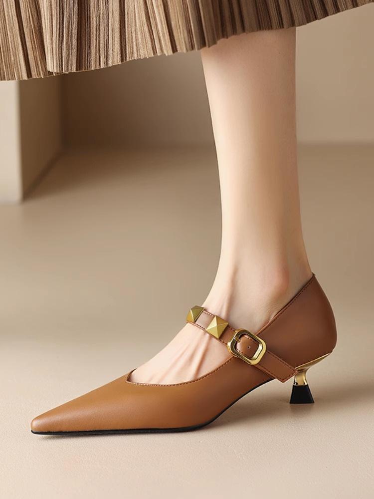 

Женские туфли на высоком каблуке 2025 весна и осень с острым носком не утомляют ноги, туфли-лодочки с ремешком на подъеме, женские туфли на тонком каблуке Мэри Джейн 40 коричневый