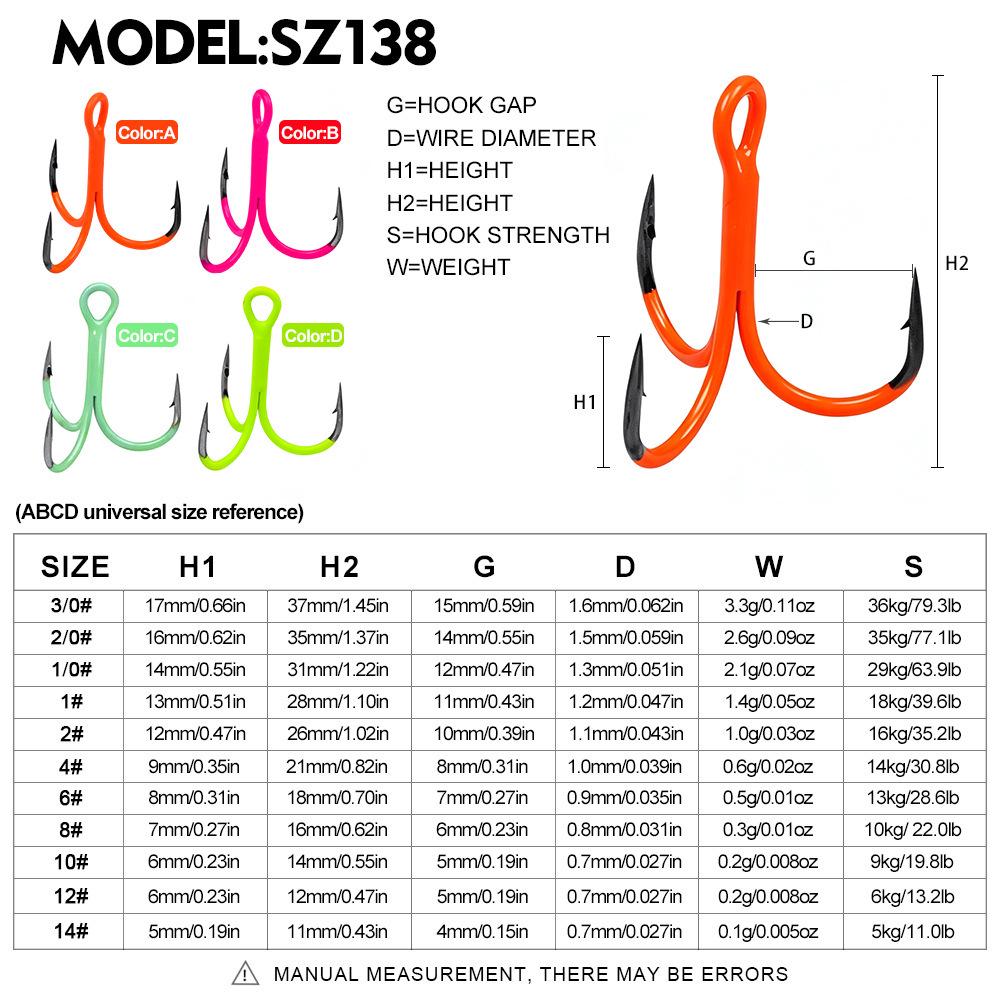 Glow-in-the-Dark Fluorescent Treble Hooks with Colored Reinforced Hair Ties and Three-Prong Design.
