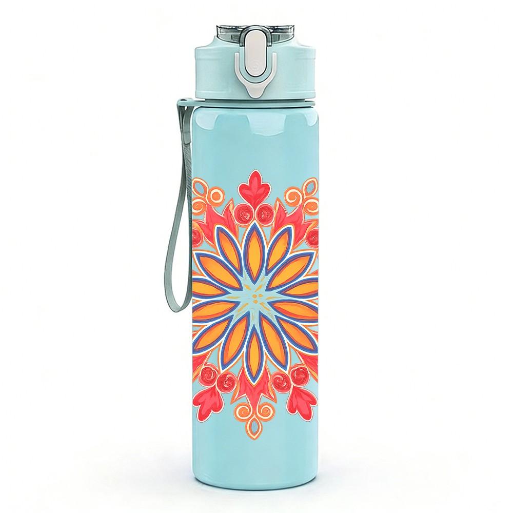 1PC Peach Floral Mandala Design 750ml Color Plastic Sports Water Bottle Leakproof Flip Straw Lid Suitable for Sports Office Home Use