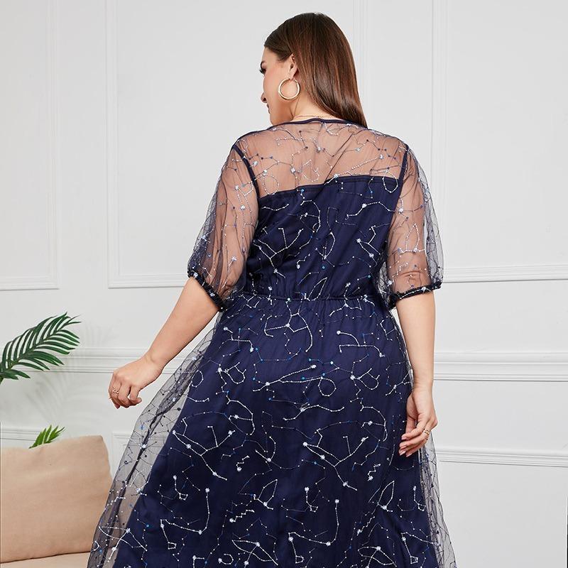 Floral Tulle Plus Size Dresses for Women Round Necked Lace Appliques Dress Summer Mesh Sheer Bling Floral Pleated Dress Commuter Fashion Dresses